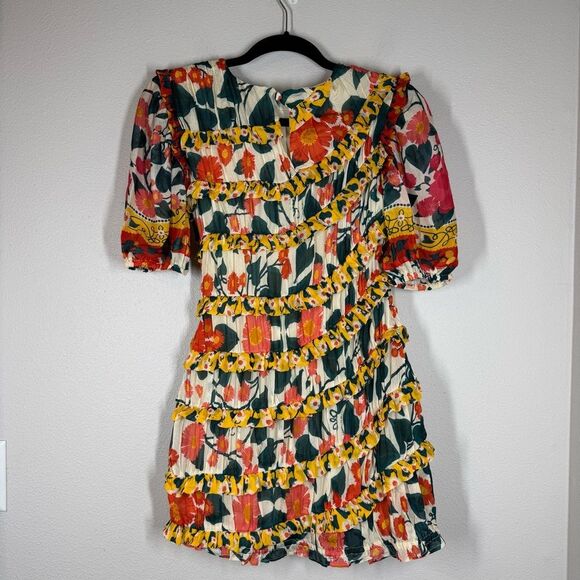 NWT Farm Rio x Anthropologie Floral Puff Sleeve Fitted Mini Dress Ruffle XS - Picture 7 of 9